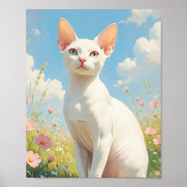 Weiße Sphinx-Katze und Blumen Poster (Vorne)