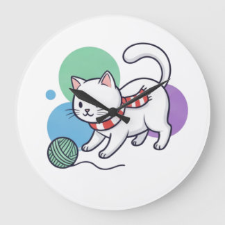 Weiße Spielkatze mit Garn-T-Shirt Große Wanduhr