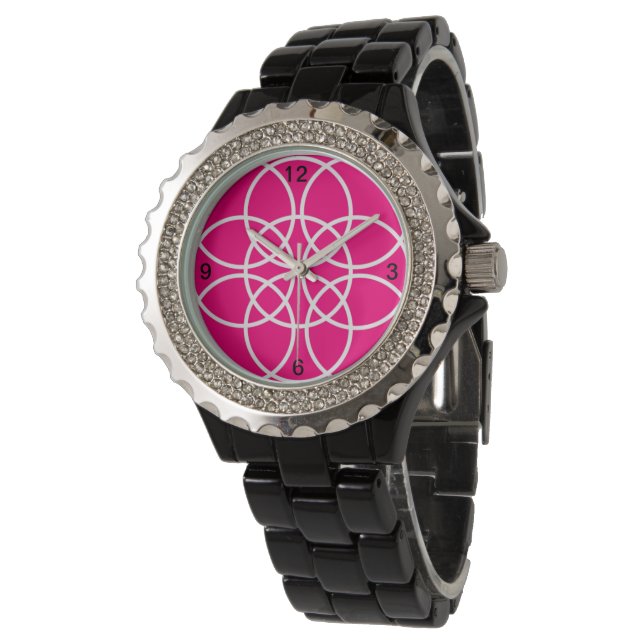 Weiße Spiralen auf hellrosa Armbanduhr (Schrägansicht)