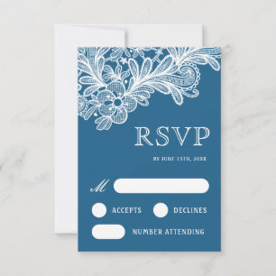 Weiße Spitze auf Blue Wedding RSVP Card Karte