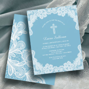 Weiße Spitze auf Pastel Blue Taufe Einladung