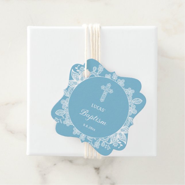 Weiße Spitze auf Pastellblauer Taufe Geschenkanhänger (Beispiel)