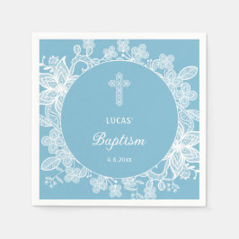 Weiße Spitze auf Pastellblauer Taufe Serviette