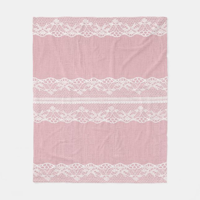 Weiße Spitze auf Pastellrosa Linen Textur Fleecedecke (Vorderseite)