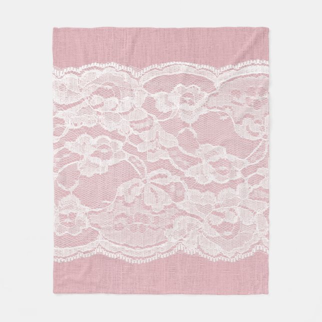 Weiße Spitze auf Pastellrosa Linen Textur Fleecedecke (Vorderseite)