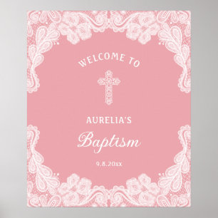 Weiße Spitze auf rosa Tauf Willkommen Poster