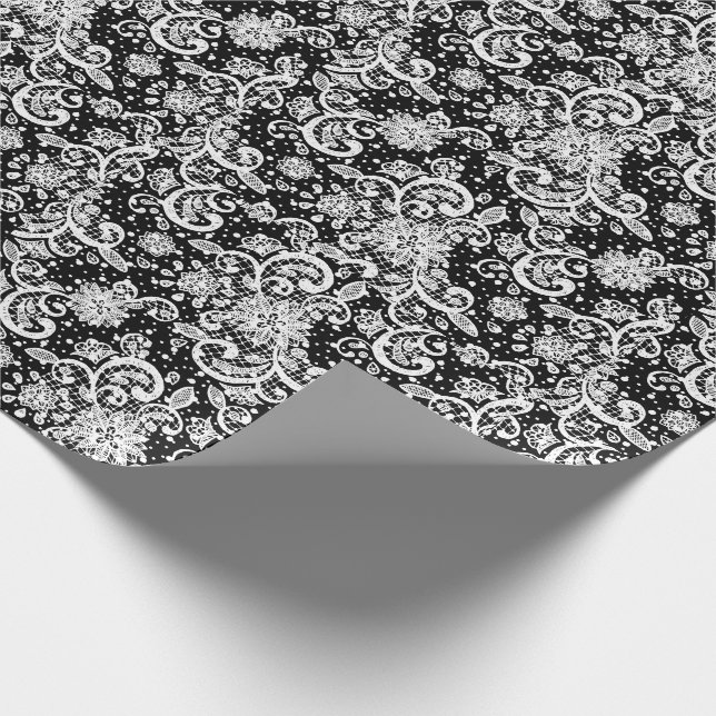 Weiße Spitze auf Schwarz  Geschenkpapier (Ecke)