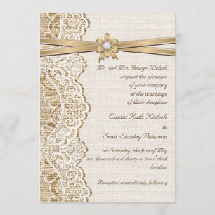 Weiße Spitze, Band, Blume und Jute-Hochzeit Einladung