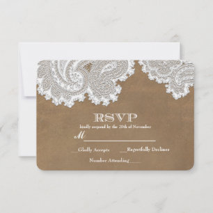 Weiße Spitze & Braune Rustikale Elegante Hochzeits RSVP Karte