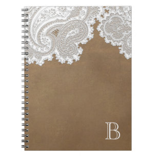 Weiße Spitze & Braunes Rustikales Chic Elegant Notizblock