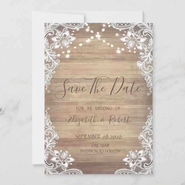Weiße Spitze, Holzoptik, Lichter Save The Date (Vorderseite)