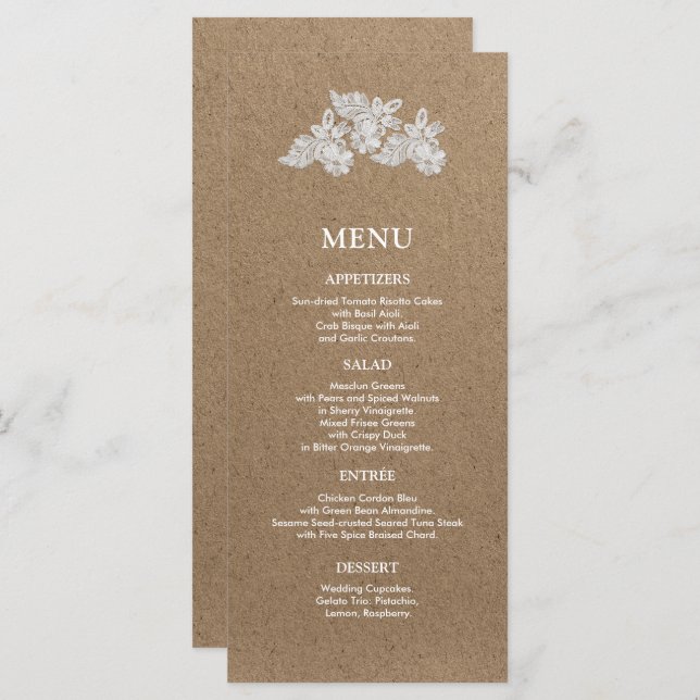 Weiße Spitze | Kraft Paper Wedding Menu Cards Menükarte (Vorne/Hinten)