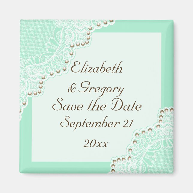 Weiße Spitze mit Perlen Hochzeit mint Save the Dat Magnet (Vorne)