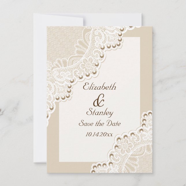 Weiße Spitze mit Perlen Hochzeit Save the Date (Vorderseite)