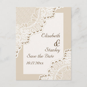 Weiße Spitze mit Perlen Hochzeit Save the Date Ankündigungspostkarte