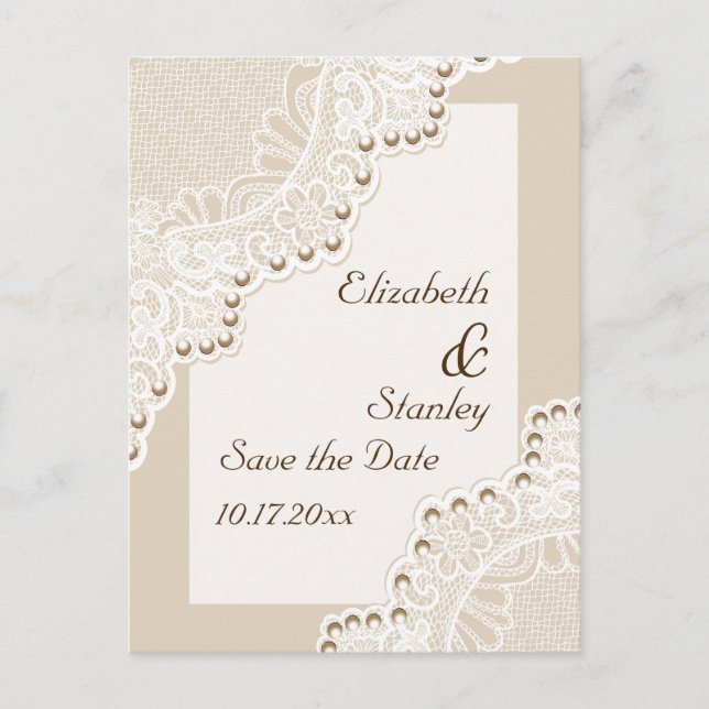 Weiße Spitze mit Perlen Hochzeit Save the Date Ankündigungspostkarte (Vorderseite)