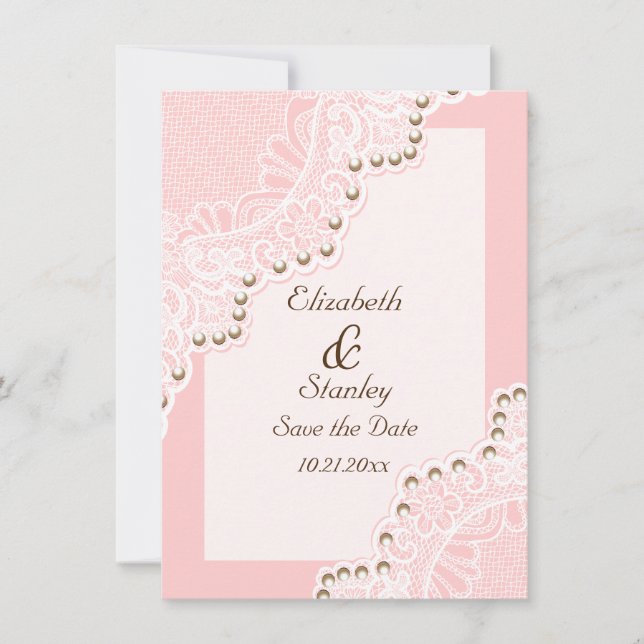 Weiße Spitze mit Perlen rosa Hochzeit Save the Dat Date (Vorderseite)