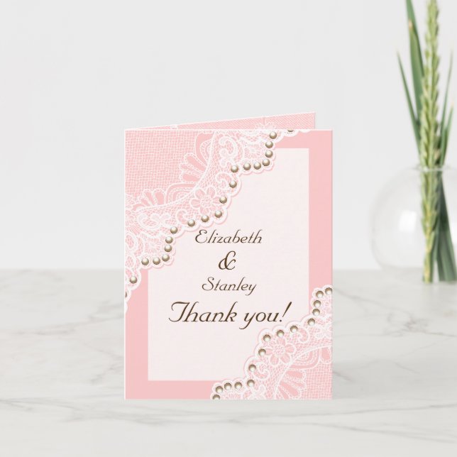 Weiße Spitze mit rosa Perlen Hochzeits-Dankeschön Dankeskarte (Vorderseite)