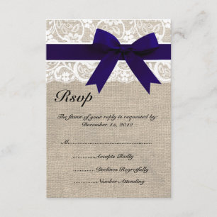 Weiße Spitze NavyRibbon und Leinwand-Hochzeit UAWG RSVP Karte