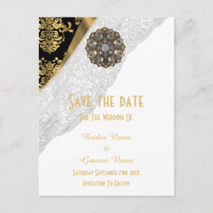 Weiße Spitze, schwarzer Damast Save the Date Ankündigungspostkarte