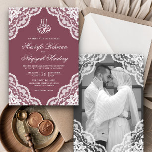 Weiße Spitze Staubiges Rosa Muslimische Hochzeitsf Einladung
