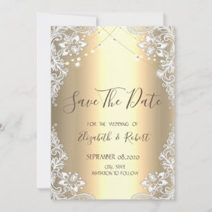 Weiße Spitze, String Lights Gold Save the Date