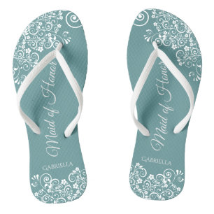 Weiße Spitzen auf Aquamariner, eleganter Trauzeugi Flip Flops
