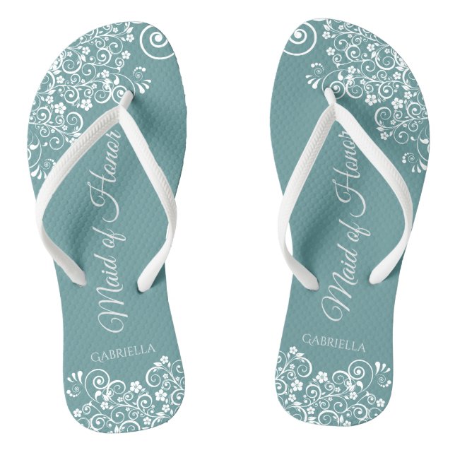 Weiße Spitzen auf Aquamariner, eleganter Trauzeugi Flip Flops (Fußbett)