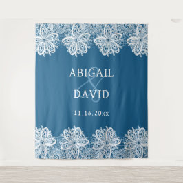 Weiße Spitzen auf blauem Hochzeitshintergrund Wandteppich