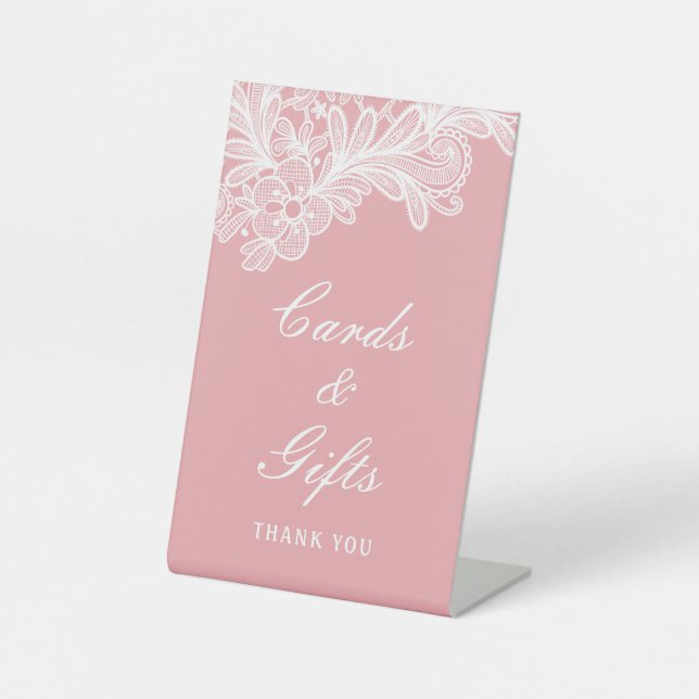 Weiße Spitzen auf rosa Karten und Geschenke Sockelschild (Vorderseite)