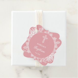 Weiße Spitzen auf rosa Taufe Geschenkanhänger