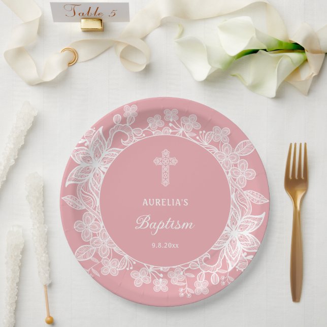 Weiße Spitzen auf rosa Taufe Pappteller (Hochzeit)