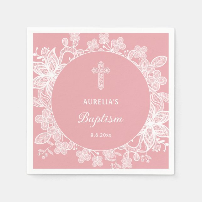 Weiße Spitzen auf rosa Taufe Serviette (Vorderseite)