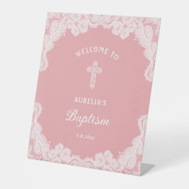 Weiße Spitzen auf rosa Taufe Willkommen Sockelschild