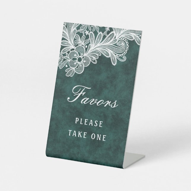 Weiße Spitzen auf smaragdgrünen Imitaten Velvet Fa Sockelschild (Vorderseite)