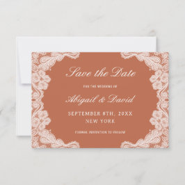 Weiße Spitzen auf Terracotta Hochzeit retten Datum Save The Date