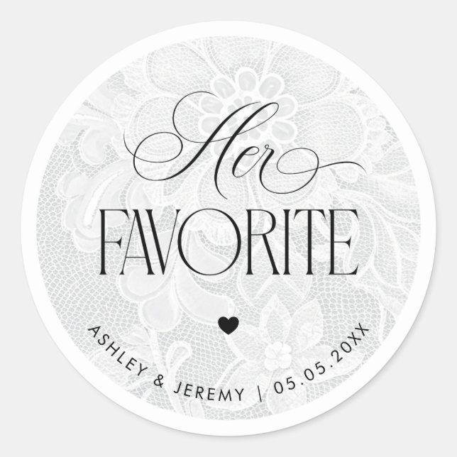 Weiße Spitzen Hochzeit Favor Stickers 'Her Favorit (Vorderseite)