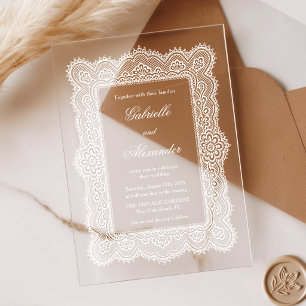 Weiße Spitzen-Hochzeit im romantischen Vintage-Sti Acryleinladungen