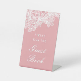 Weiße Spitzen im rosa Gästebuch Sockelschild