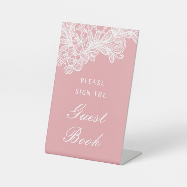 Weiße Spitzen im rosa Gästebuch Sockelschild (Vorderseite)