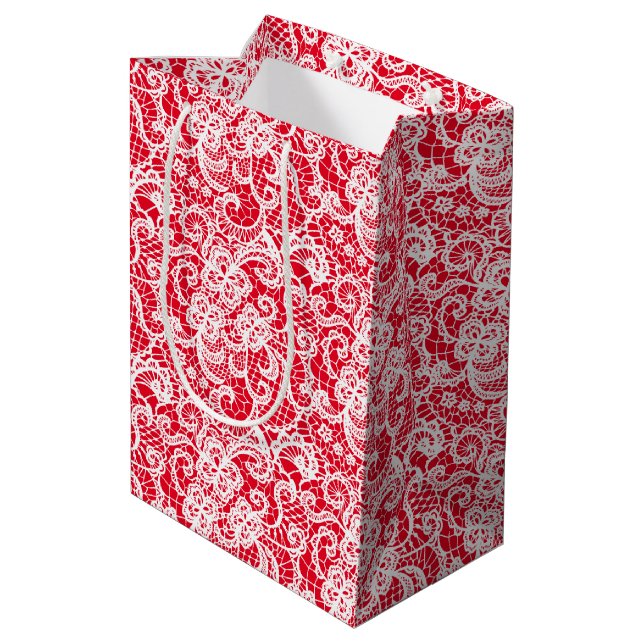 Weiße Spitzen in Rot Mittlere Geschenktüte (Rückseite Schrägansicht)
