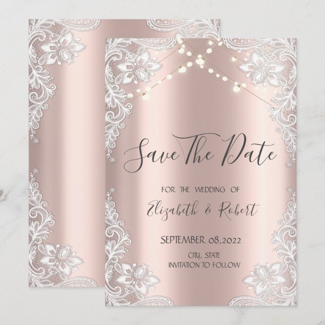 Weiße Spitzen, String-Lights Rose Gold Save the Da Date (Vorne/Hinten)
