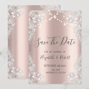 Weiße Spitzen, String-Lights Rose Gold Save the Da Date