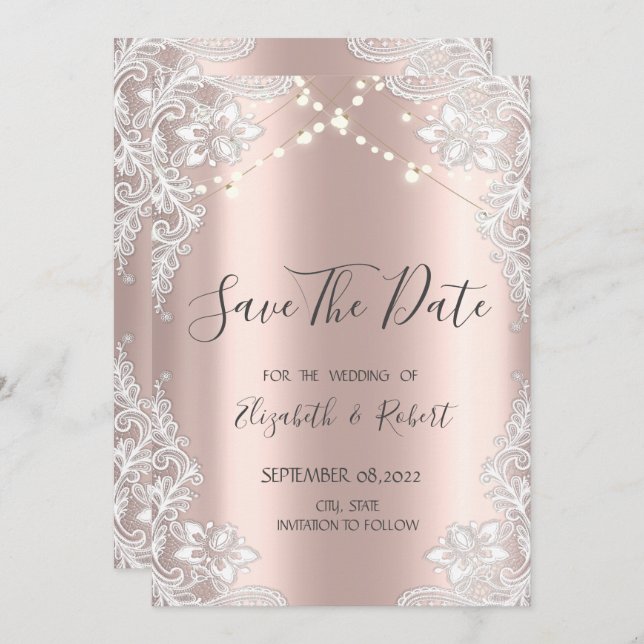 Weiße Spitzen, String-Lights Rose Gold Save the Da Save The Date (Vorne/Hinten)
