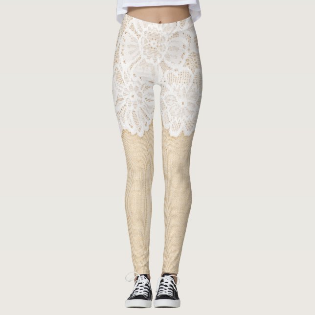 Weiße Spitzen über Stoffdesign. Leggings (Vorderseite)