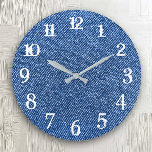 Weiße Sprenkel Zahlen Tiefblaue Denim Große Wanduhr