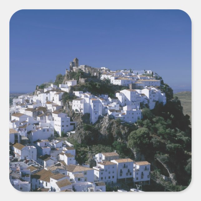 Weiße Stadt Casares, Andalusien, Spanien Quadratischer Aufkleber (Vorderseite)