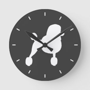 Weiße Standardpudel-Silhouette Runde Wanduhr