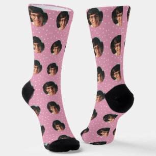 Weiße Sterne und individuelles Foto-Muster auf Ros Socken