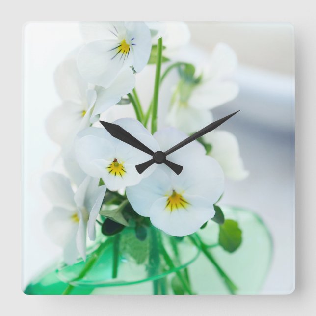 Weiße Stiefmütterchen Blume Grüne Vase Blumenzwieb Quadratische Wanduhr (Vorderseite)